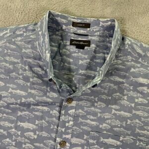 Eddie Bauer Shirt Mens XL Blue Fish Print Classic Fit Fishing Outdoor Button‎ Up